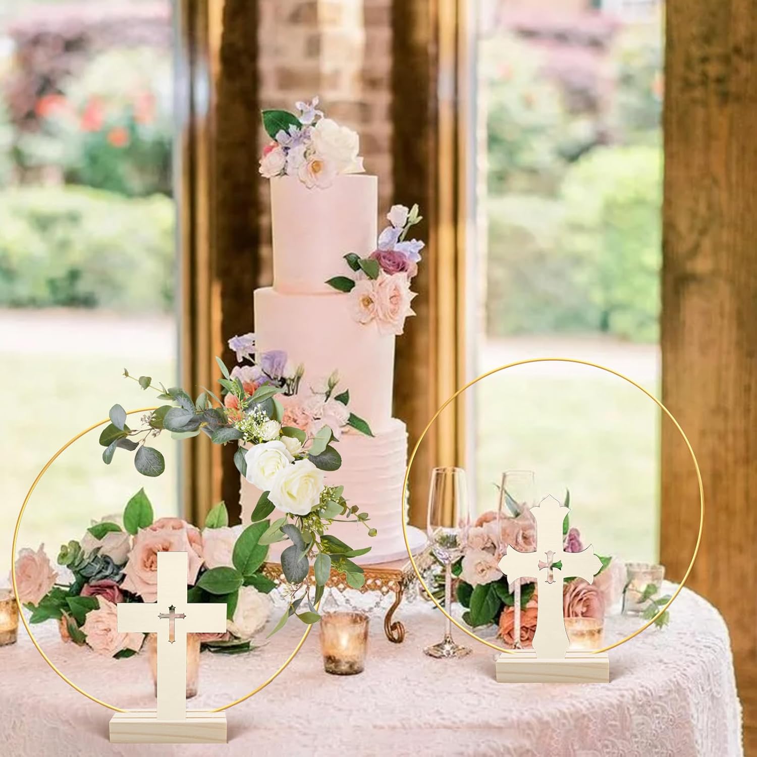 24 Pcs Baptism Centerpiece Decoration for Tables First Communion 12 Standing Wood Crosses for Craft 12 Metal Floral Hoop Centerpiece with Stand for Party Wedding Home Decor