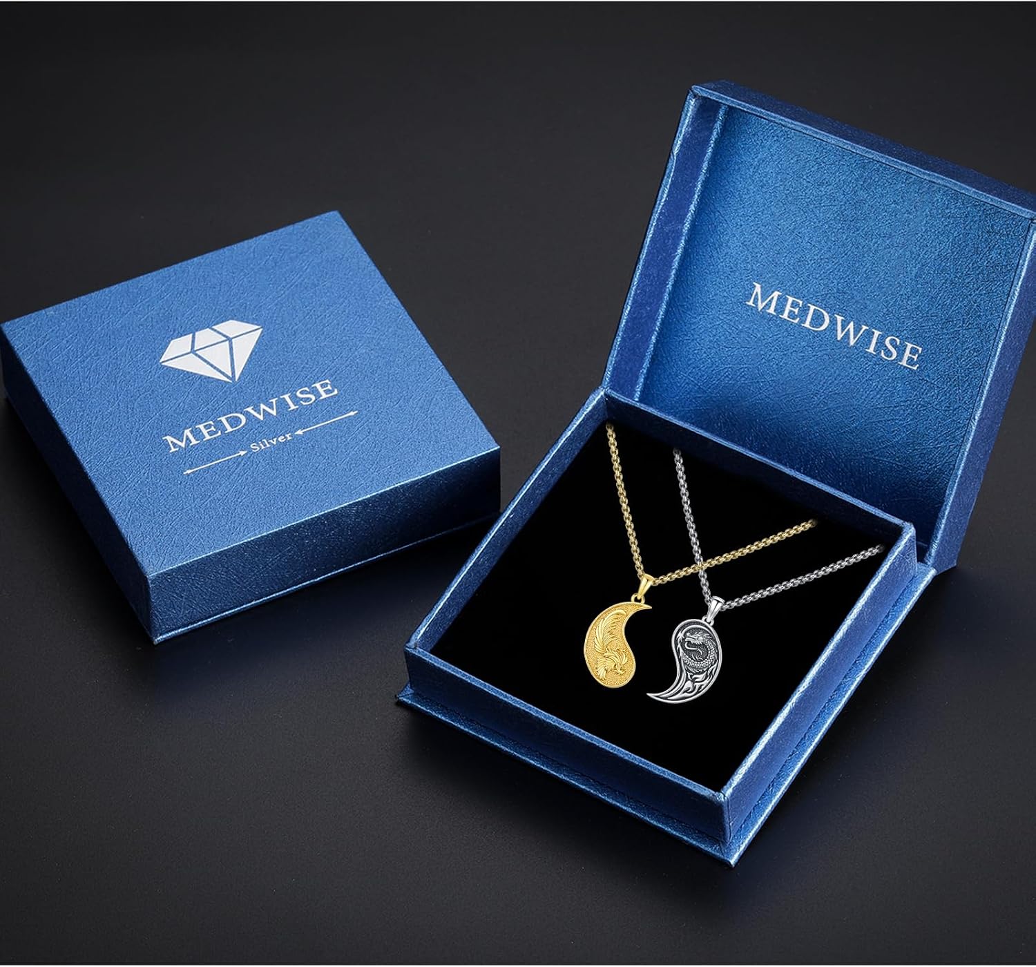 MEDWISE Dragon Phoenix Yin Yang Necklace Double 925 Sterling Silver Dragon Phoenix Pendant Partner Friendship Couples BFF Pendant Necklace Yin Yang Jewelry Matching Set for Her Him Women Men