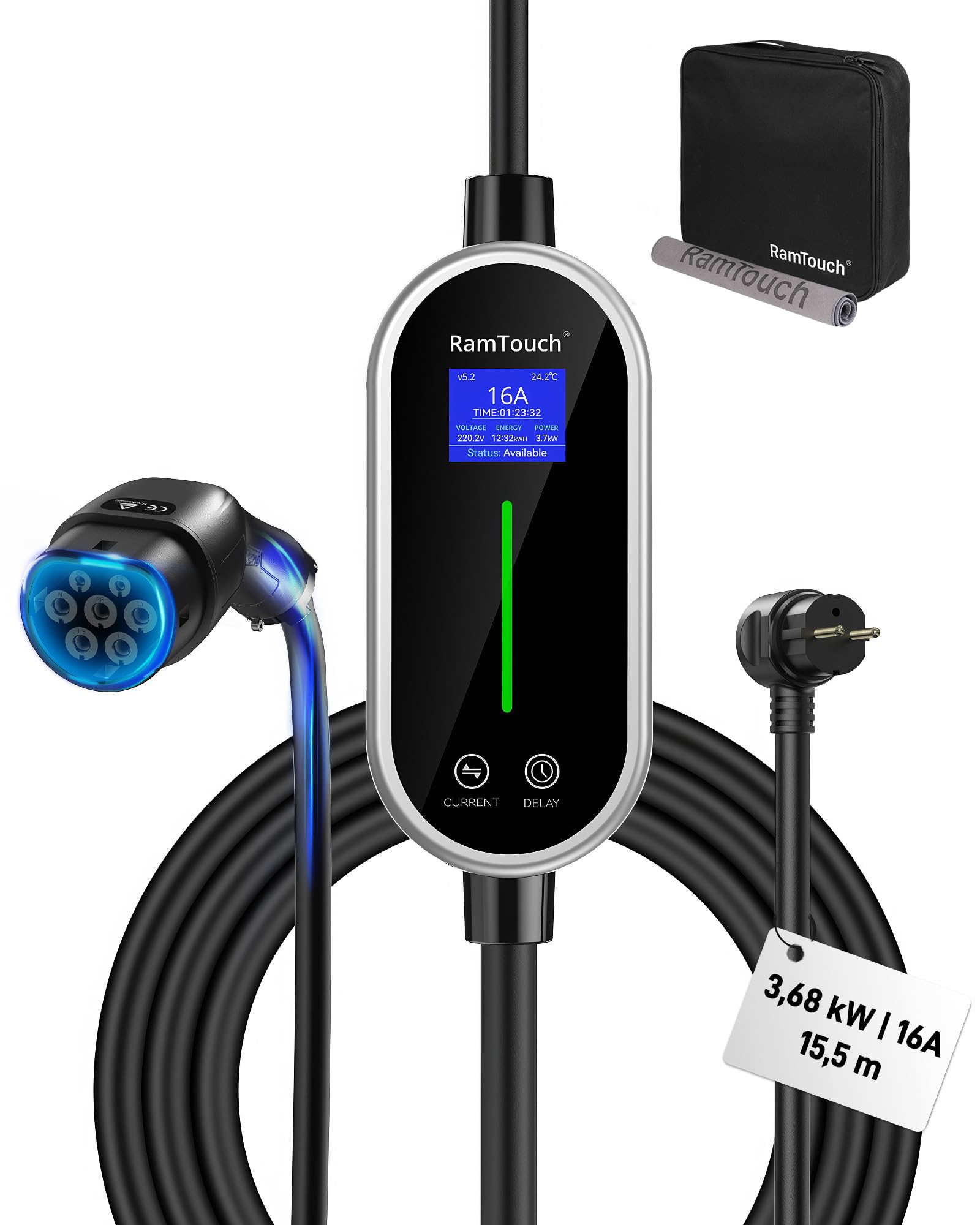 Ladekabel Elektroauto Typ 2 Schuko 3,68 kW (230 V, 16 A, 1-phasig, 15,5 m) | Mobile Wallbox/Tragbare Ladestation mit Display | für alle E-Autos & Plug-in-Hybride (PHEV)