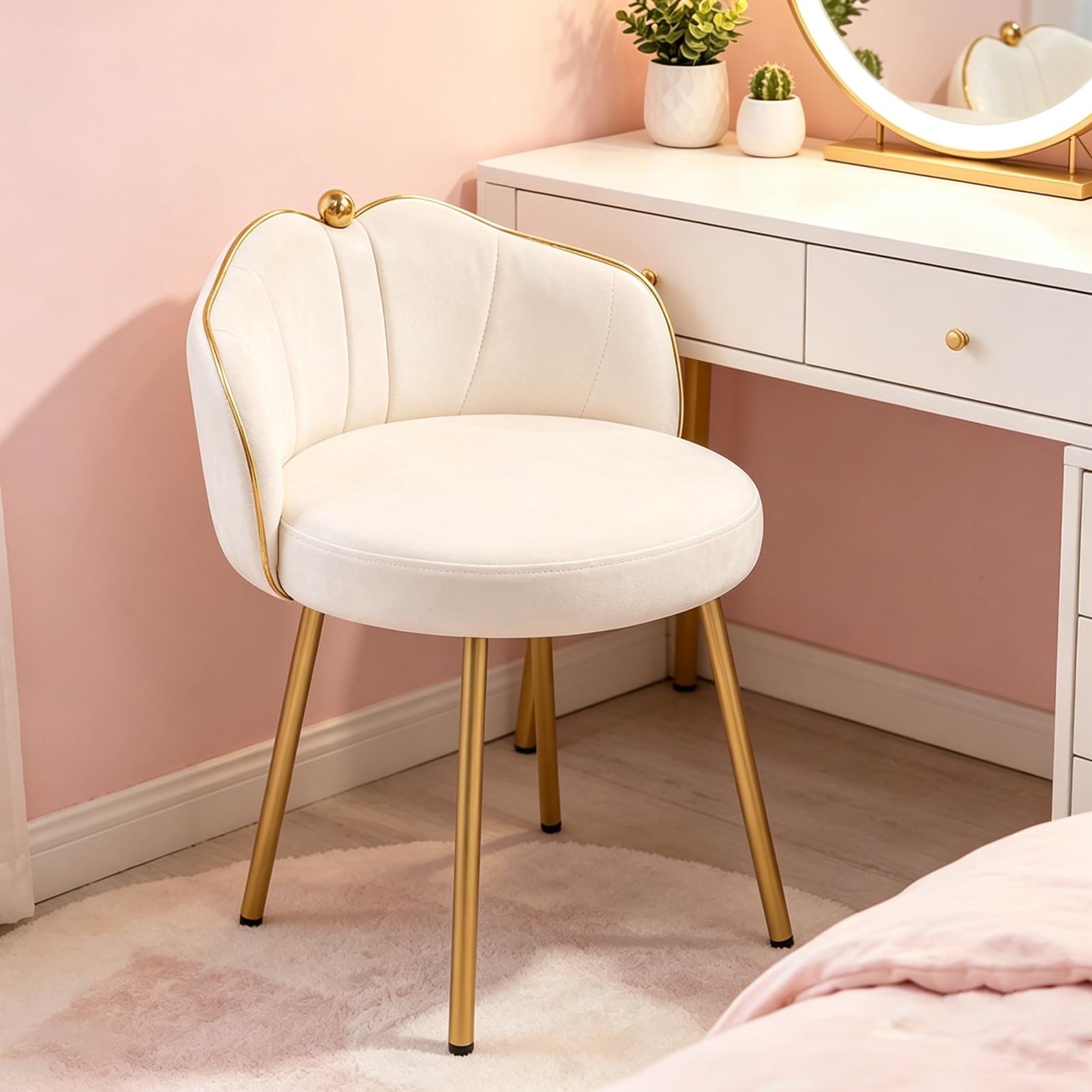 Warmiehomy Dressing Table Chair with Gold Legs and Low Back, Cream