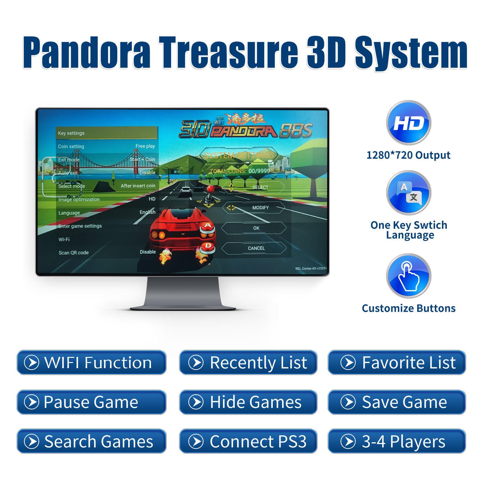 10000 giochi 3D Pandora Box 18S Pro Arcade Game Console,WiFi Funzione Video Game Machine,1280x720 HD Output,Cerca/Salva/Nascondi/Pausa Giochi,Supporto 4 Giocatori,Joystick divisi