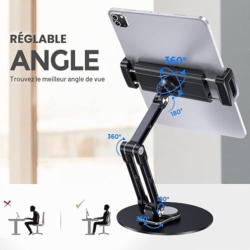 Lucrave Tablet Stand Holder for iPad, Adjustable with 360 Rotating Base for Desk, Aluminum Tablet Stand with 11" Arm Compatible with iPad Air/Mini, 10.2/9.7, Pro 11/13 and More, Black - 3