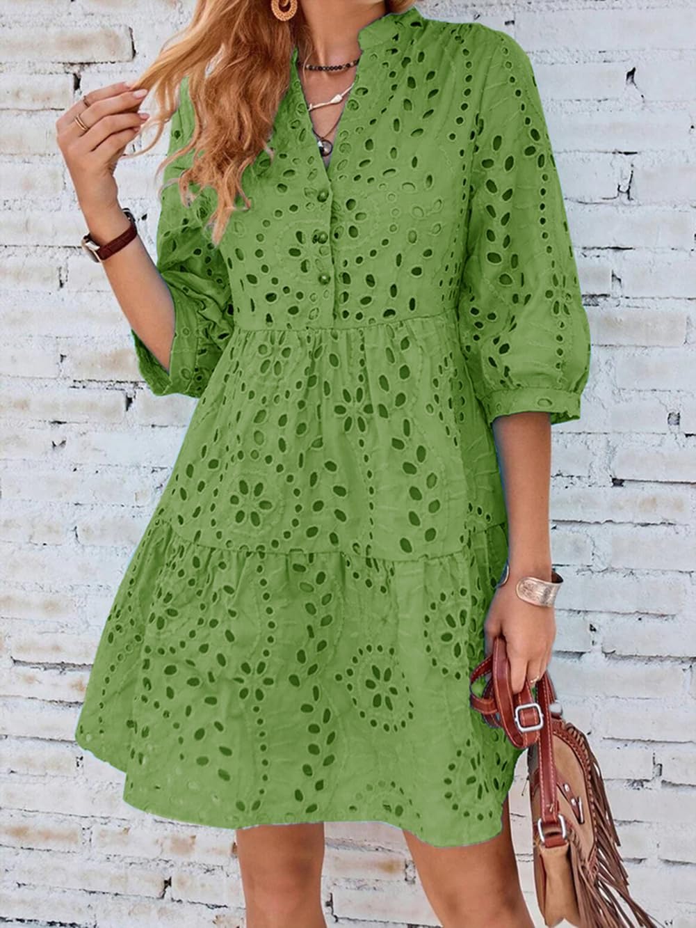 utcoco Women's 2025 Eyelet Lace Midi Dress V Neck Puff 3/4 Sleeve Button Tiered Sexy A Line Sun Dress - Image 3