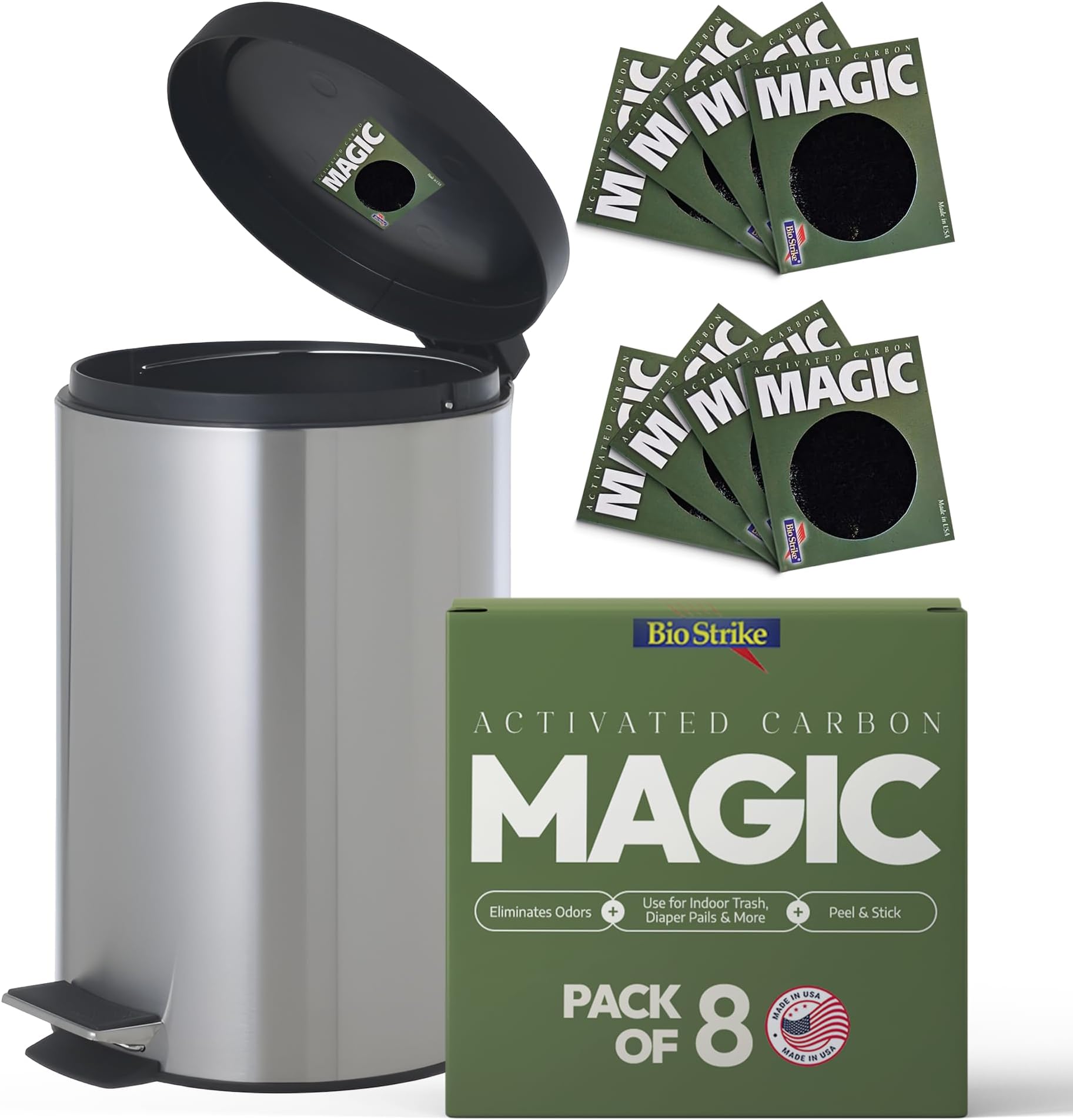 Trash Magic Activated Charcoal Trash Can Odor Eliminator - Peel & Stick Garbage Can Deodorizer - Air Freshener for Fridge, Compost, Drawers & Diaper Pails - Lasts 4 Months - Made in USA (8 Pack)