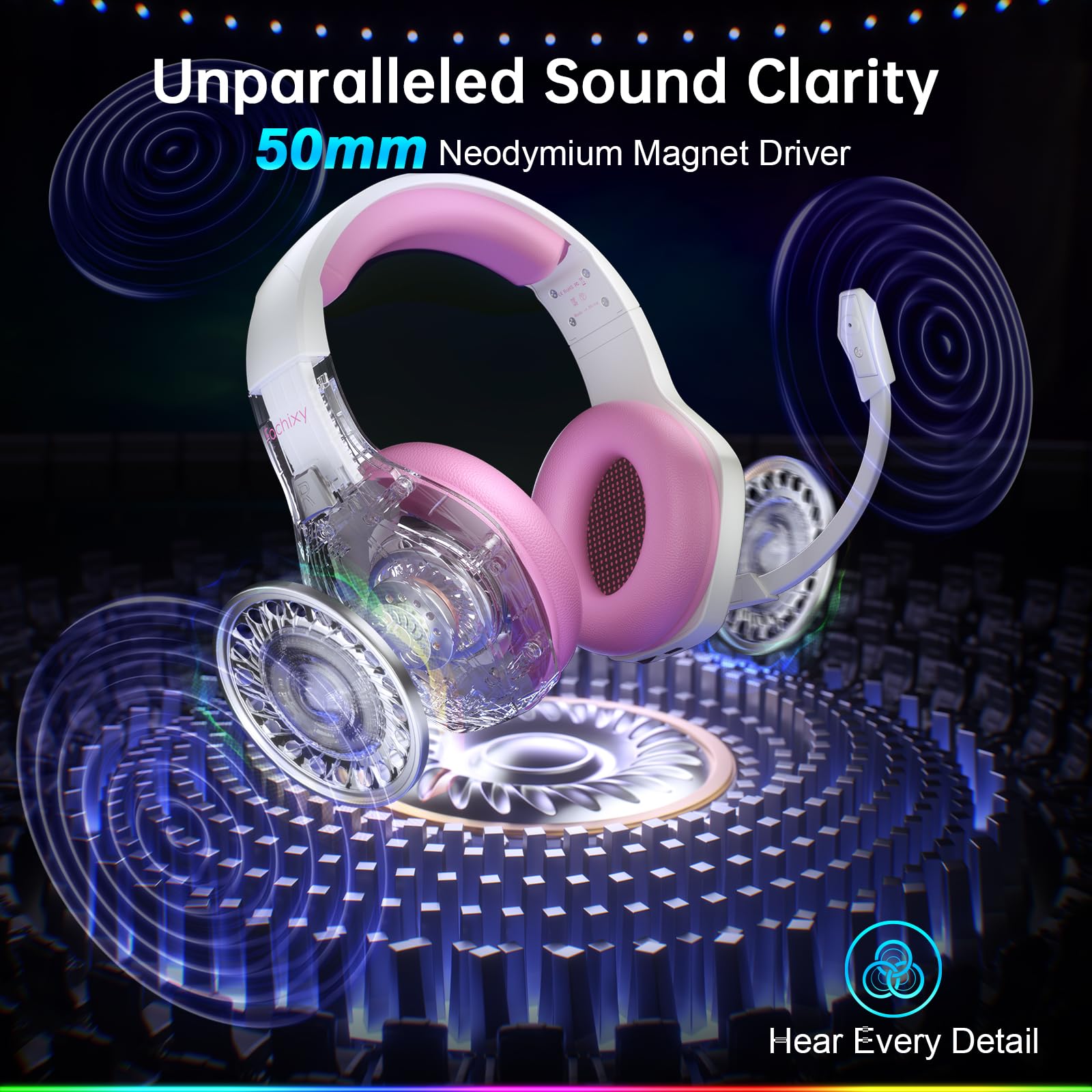 Fachixy FC-100 Bluetooth Headset, 2,4G Gaming Headset Wireless mit Mikrofon für PS5, PS4, PC, Switch, Mac, Surround Sound Noise Cancelling Kopfhörer mit LED Licht, Über 50 Stunden Akkulaufzeit