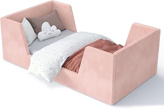 Toddler Bed, Toddler Floor Bed Frame with Guard Rails, Kids Bed for Ages 2-6 Years, Certified Fabric