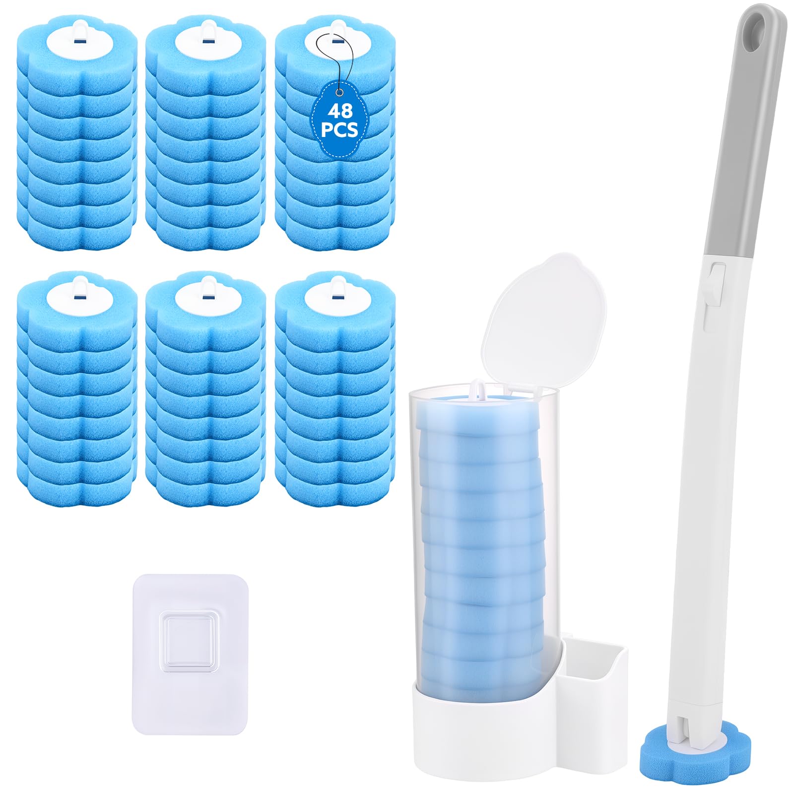 wlich Disposable Toilet Brush with 48 Refills, Bowl Toilet Brush with Wall Mounted Holder, Toilet Bowl Brush Set with Wand and Storage Box for Bathroom Cleaning（Transparent+48 Blue Refills）