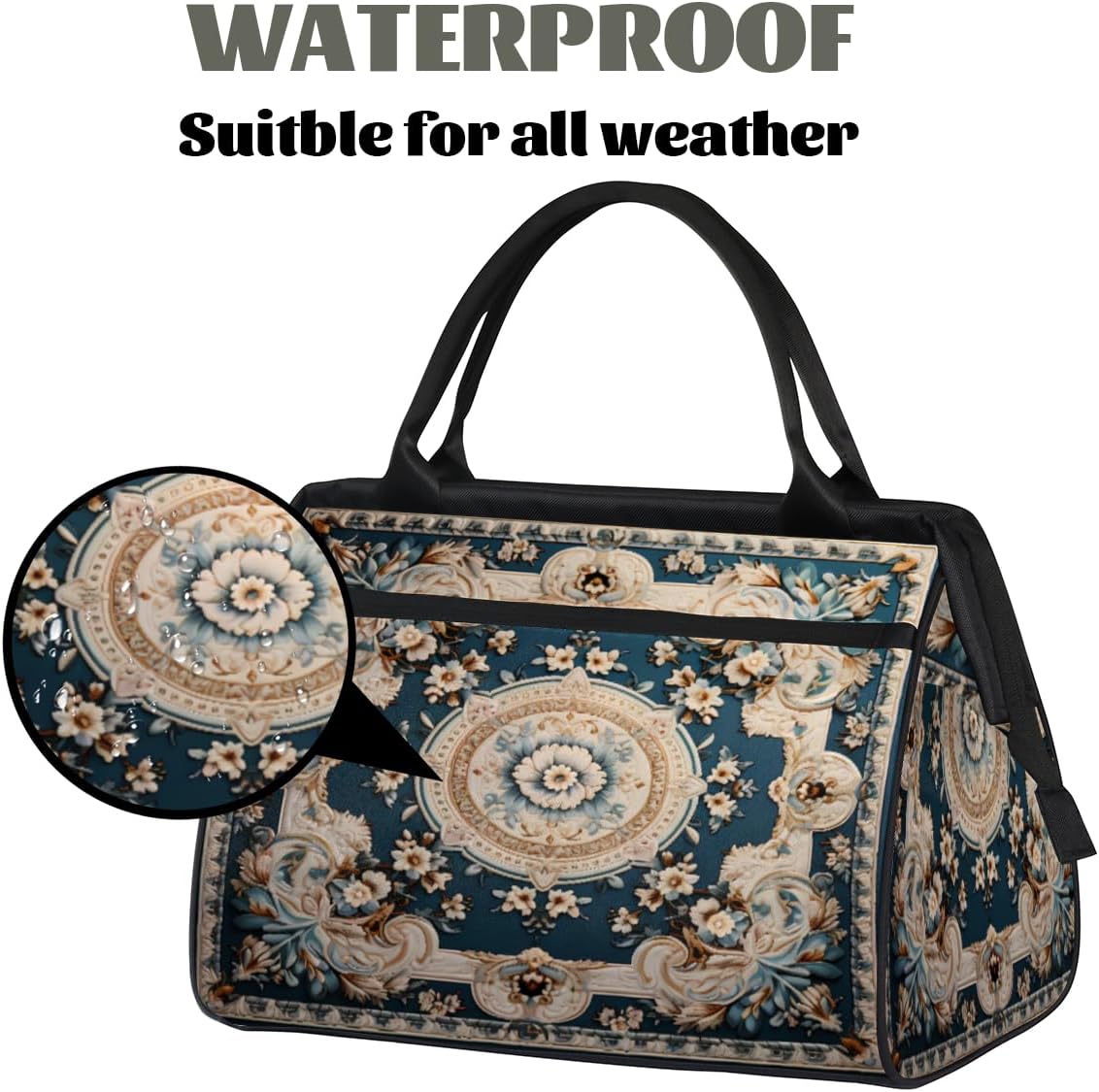 Carpet Flowers Patterns Gym Bag for Women Men, Travel Sports Duffel Bag with Trolley Sleeve, Waterproof Sports Gym Bags Weekender Overnight Carry On Tote Bags for Travel Sport - Image 3