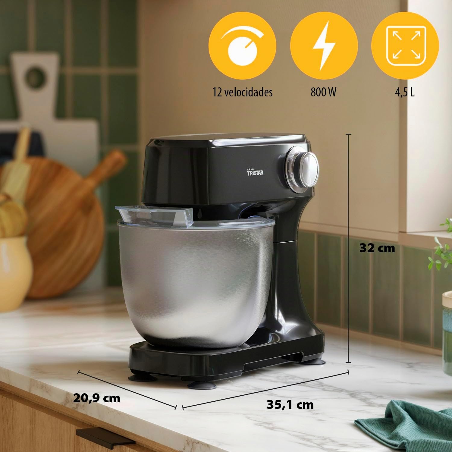 Robot de Cocina Tristar con Bol de Acero Inoxidable de 4,5 L, Potencia de 800 W, 12 Velocidades con Función Pulso, Cabezal Inclinable, Protector Antisalpicaduras, MX-4870