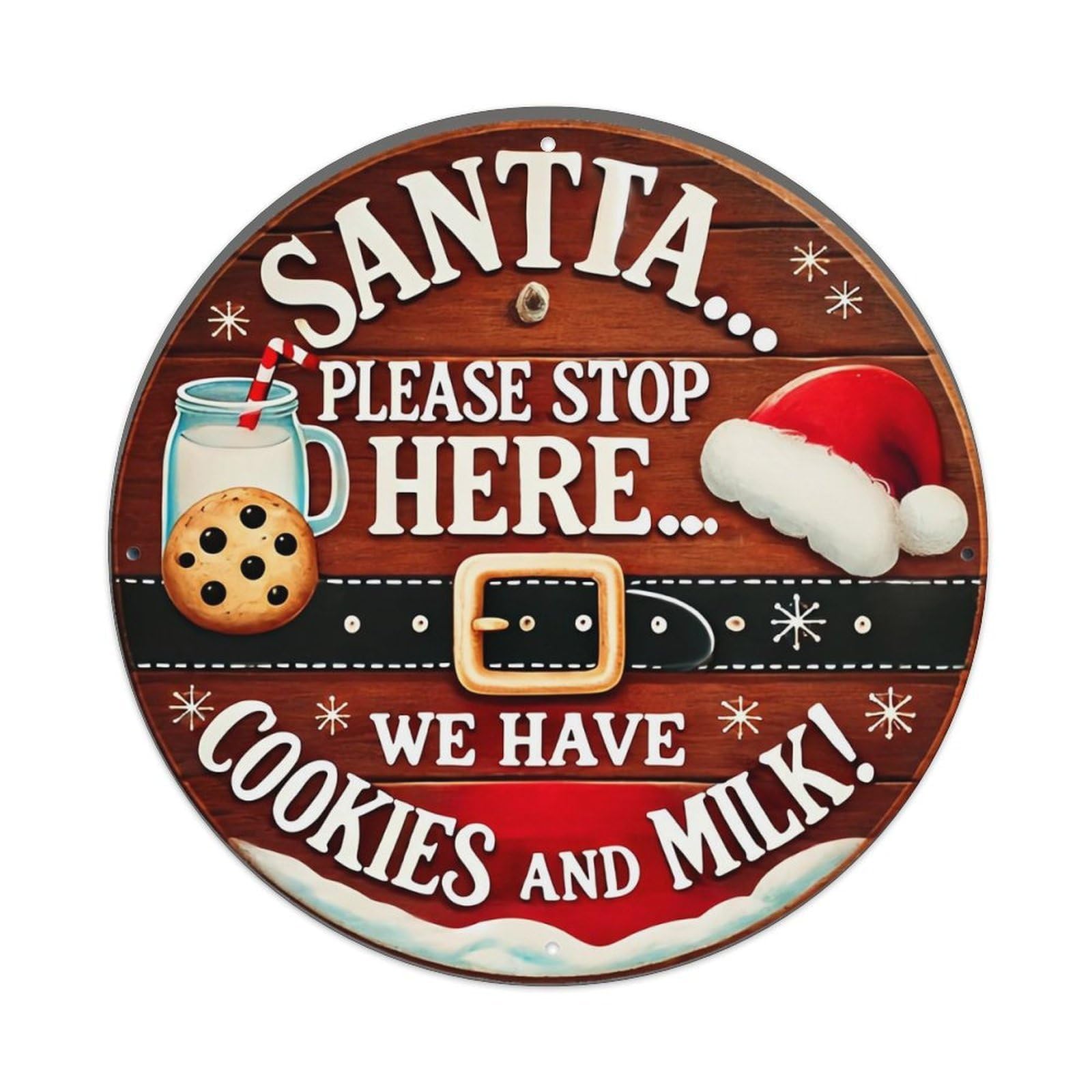 Santa Please Stop Here We Have Cookies And Milk Retro Metal Sign Round Tin Sign, Vintage Decor Art Poster for Bar, Home, Man Cave, Kitchen, Laundry Room Gift 8x8Inch