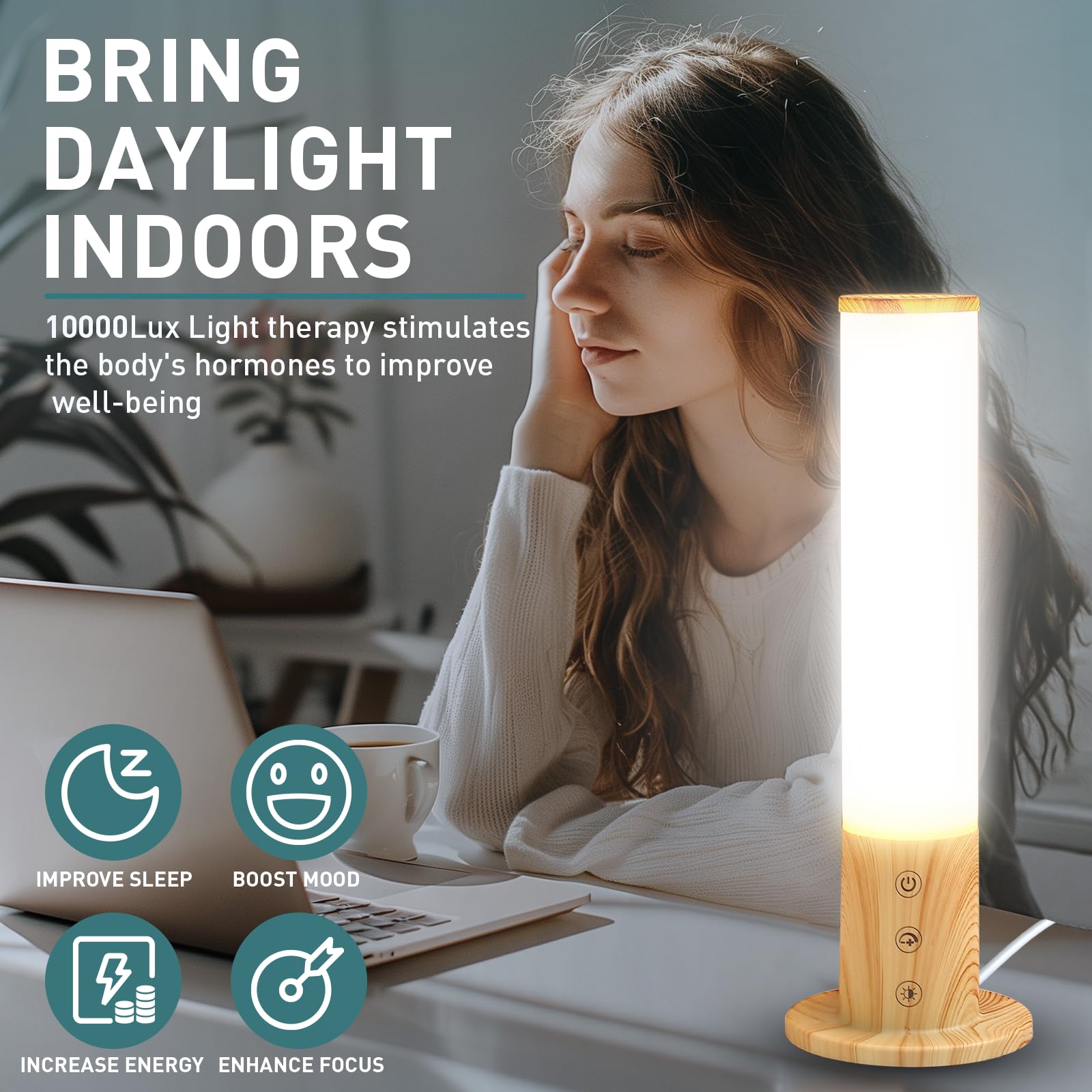 Caromolly Tageslichtlampe, Lichttherapielampe mit 3 Farbtemperaturen & 5 Helligkeitsstufen, flimmer- und UV-freie LED-Tageslichtleuchte