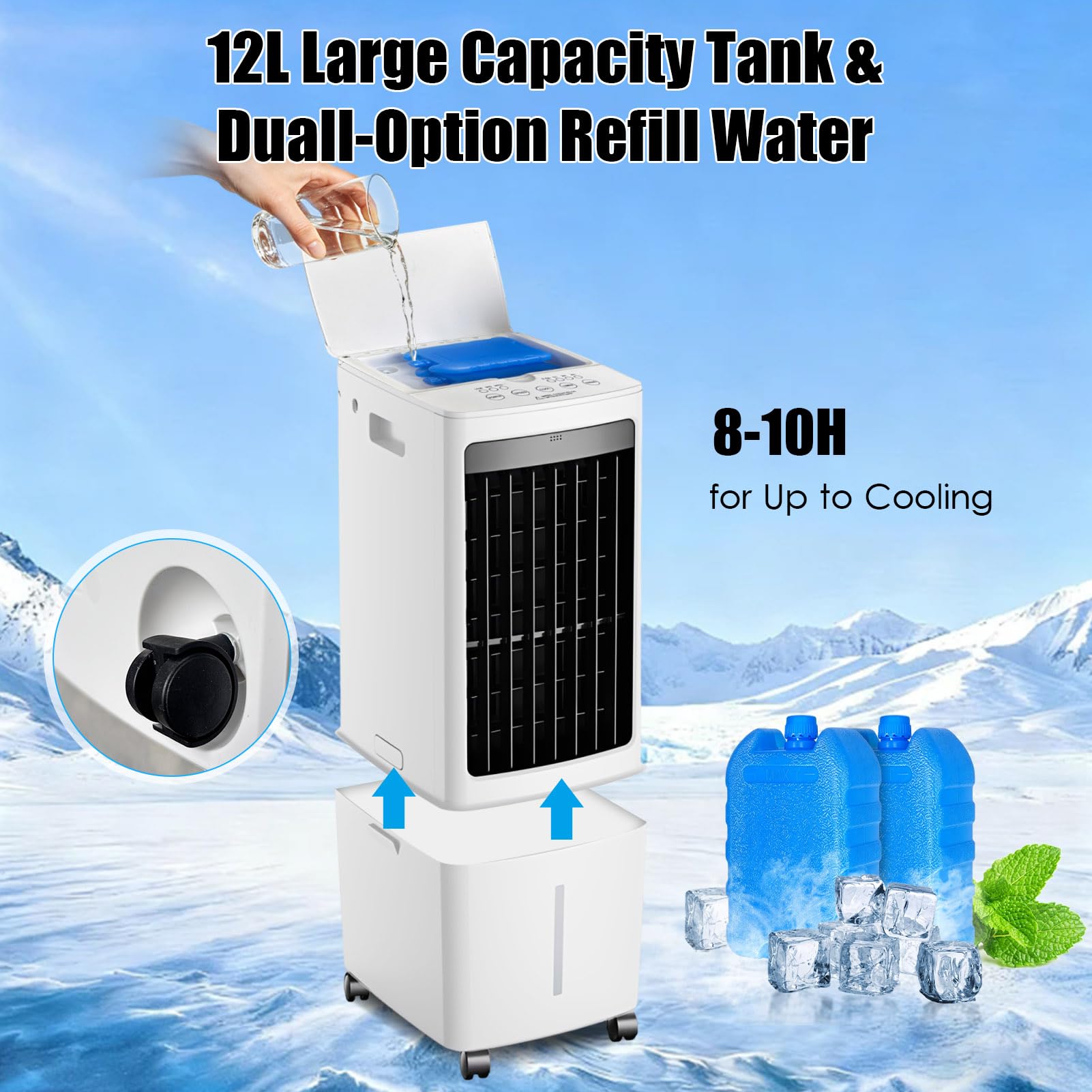 Climatiseur Mobile Sans Évacuation 12L avec Télécommande, Rafraîchisseur d'Air Évaporatif 4-en-1 Silencieux 30dB, Ventilateur Humidificateur, Débit Puissant 1000m³/h