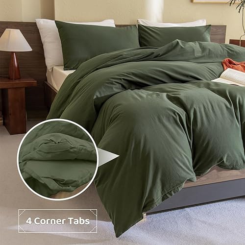 Miniatura 5 de Sanracie Juego de edredón tamaño Queen de color verde oliva, 100 % algodón, juego de edredón de color verde oscuro, juego de ropa de cama de 3