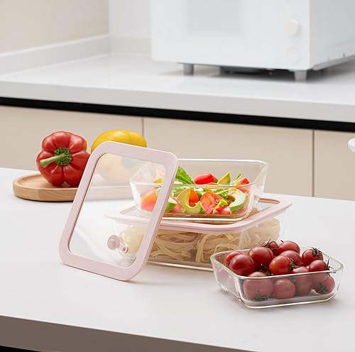 Miniatura 8 de Urban Green Juego de recipientes de vidrio para alimentos con tapa de vidrio de silicona, paquete de 3, forma cuadrada, herméticos, a prueba de