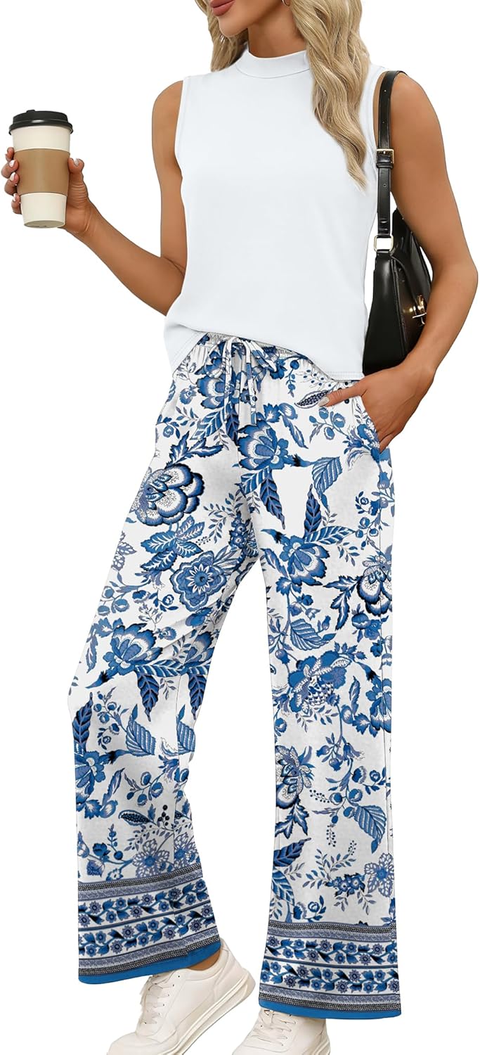WIHOLL Two Piece Set for Women Summer Spring Outfits Cruise Travel Airport Beach Vacation Mock Neck Wide Leg Pants Set