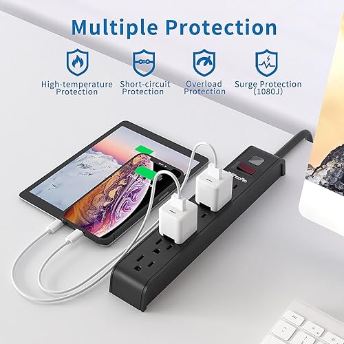 Miniatura 4 de TiFFCOFiO Regleta protectora contra sobretensiones, cable de extensión de 6 pies, protección contra sobretensiones de 600 julios, protección