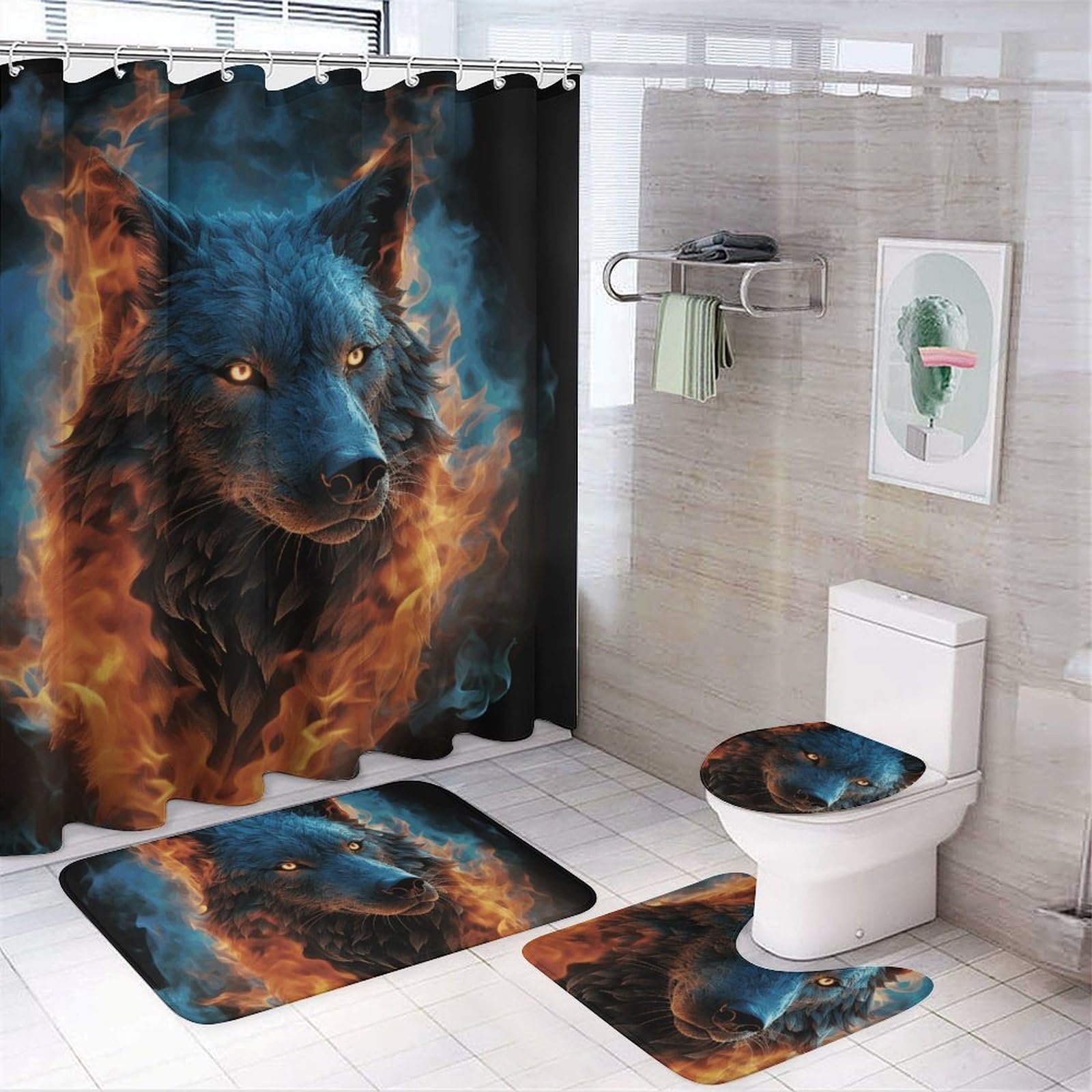 Rideau de douche loup bleu et tapis de bain absorbants pour sol sec et chaleureux