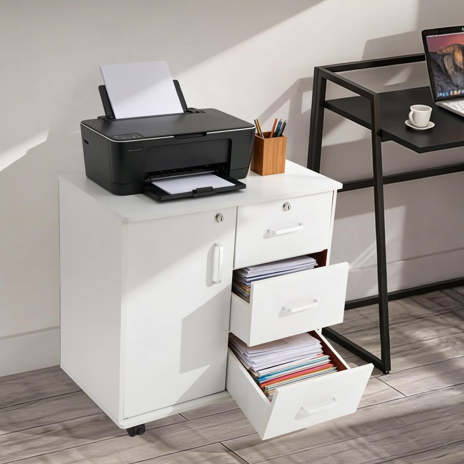 Cassettiera con 3 cassetti e anta da 60 cm, bianco caldo | Per ufficio e soggiorno, 3 cassetti + porta, 4 ruote, portata fino a 60 kg, compatto