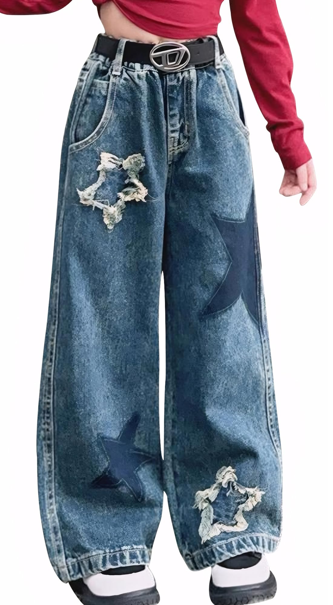 Maeau Jeans con gamba larga per ragazza, pantaloni in denim, pantaloni dritti per il tempo libero, con elastico in vita e tasche, motivo pentagramma, taglia 120-170