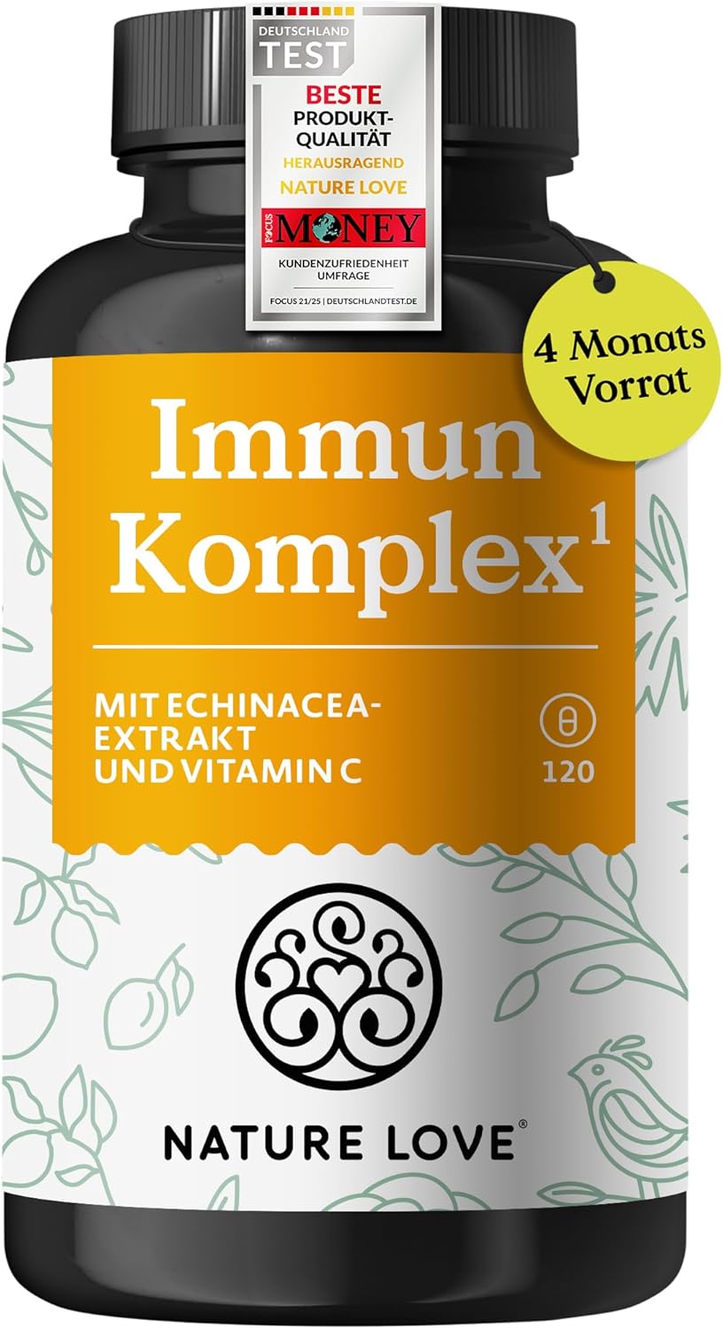 NATURE LOVE Immune Complex – 120 Capsules – 4 Month Range – with Echinacea Extract, Vitamin C & D, Zinc, Selenium and Histidine – Immune System Support – High Dose, Laboratory Tested from Germany