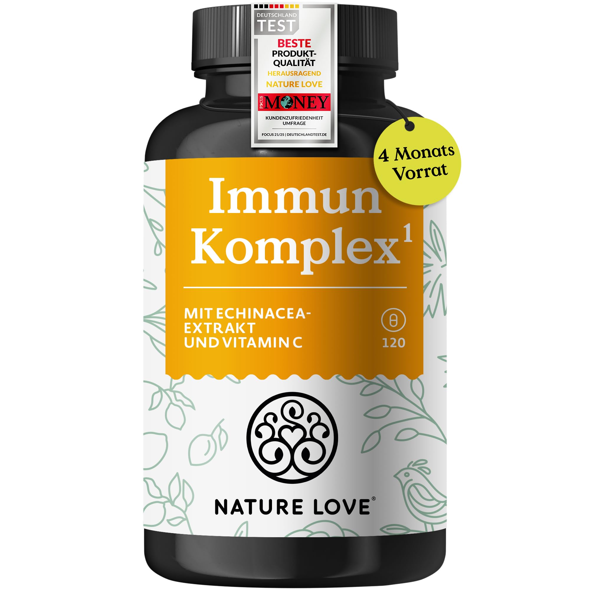 NATURE LOVE® Immun Komplex - 120 Kapseln - 4 Monate Reichweite - mit Echinacea-Extrakt, Vitamin C & D, Zink, Selen und Histidin - Immunsystem unterstützen* - hochdosiert, laborgeprüft aus Deutschland