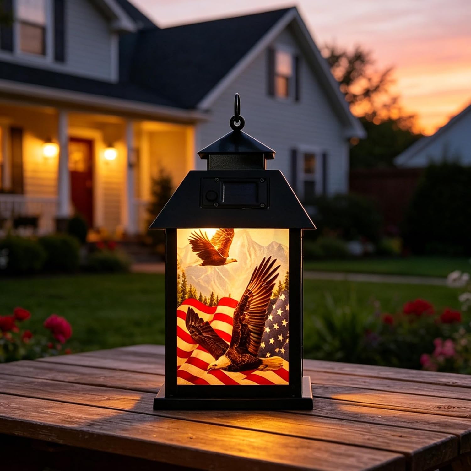 Solar American Flag Lights Outdoor Eagle Garden Lantern with Shepherd Hook image 2