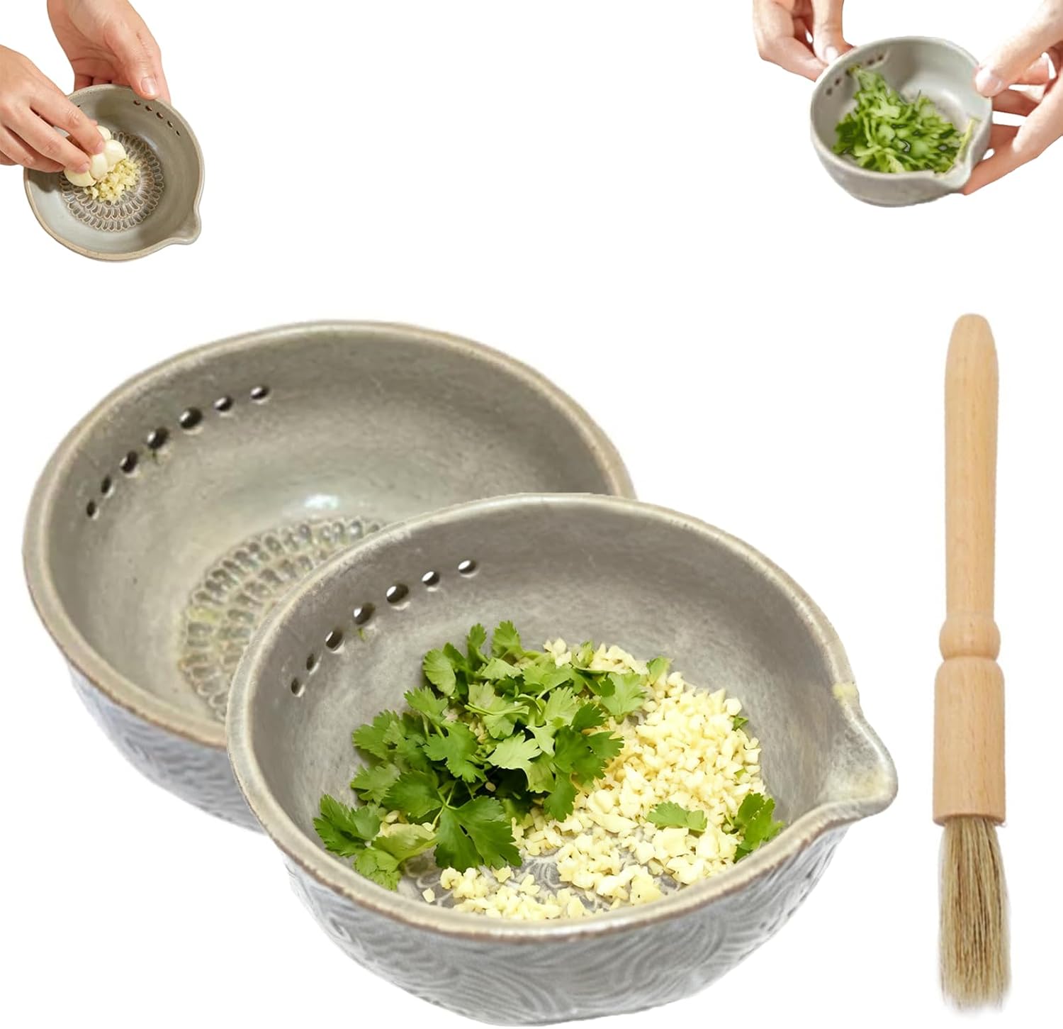 Handmade Ceramic Garlic Grater Herb Bowl, 2-in-1 Stoneware with 5 Hole Sizes & Drainage, Effortless Grating/Stripping for Garlic, Ginger, Herbs (2)