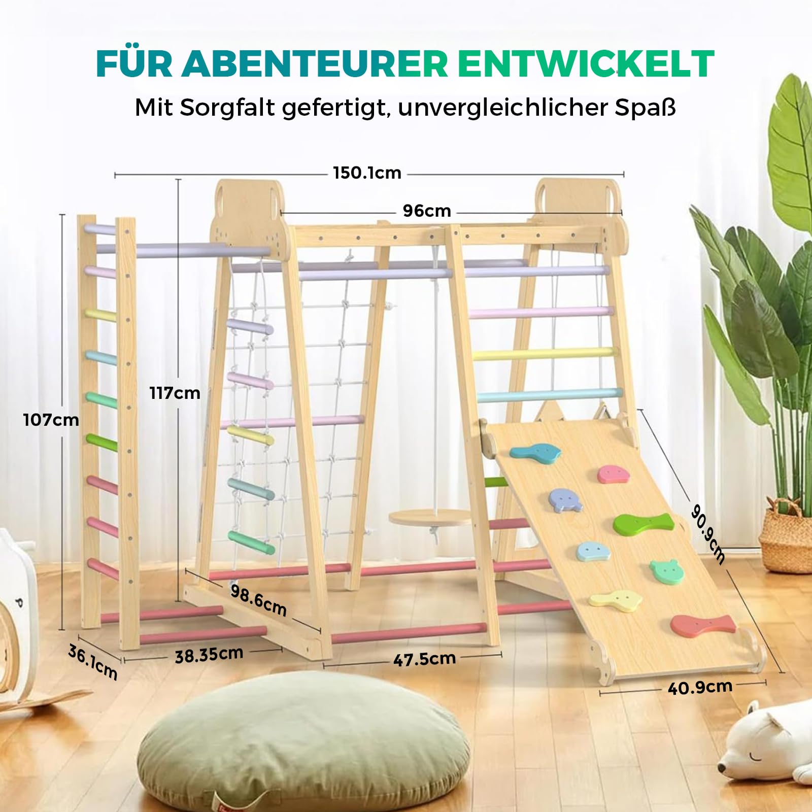 Maxi Klettergerüst Indoor, 10 in 1 Multifunktional Klettergerüst ab 1 Jahr, Montessori Spielplatz aus Holz mit Rutsche, Schaukel, Kletternetz, Kletterwand, Robust und sicher Kletterausrüstung