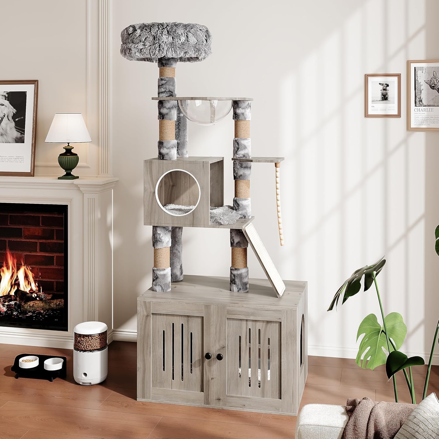 Garvee Cat Litter Box Enclosure with Cat Tree Tower and Condo, Hidden Cat Washroom Furniture with Sisal Scratching Post and Soft Plush Perch, Wooden