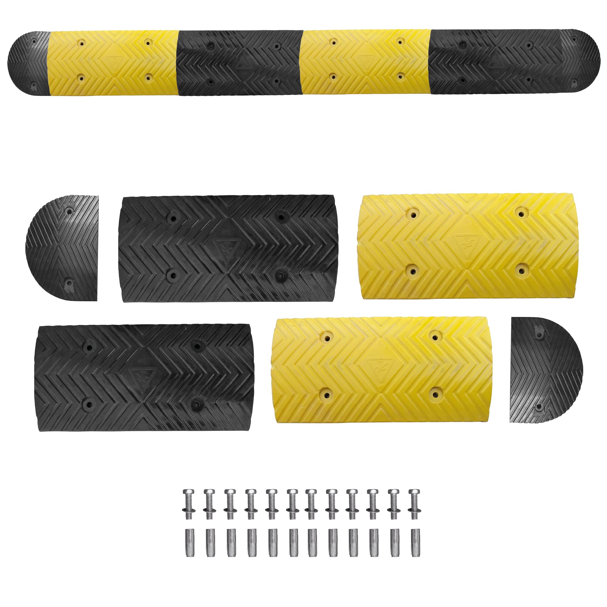 Pack Completo – Reductor de Velocidad Vial 35mm de Alto con Tornillos – Badenes de Goma para Rampa Garaje, Suelo, Carretera, Aparcamiento o Parking– Badenes para Garaje Resistentes - Alta Visibilidad
