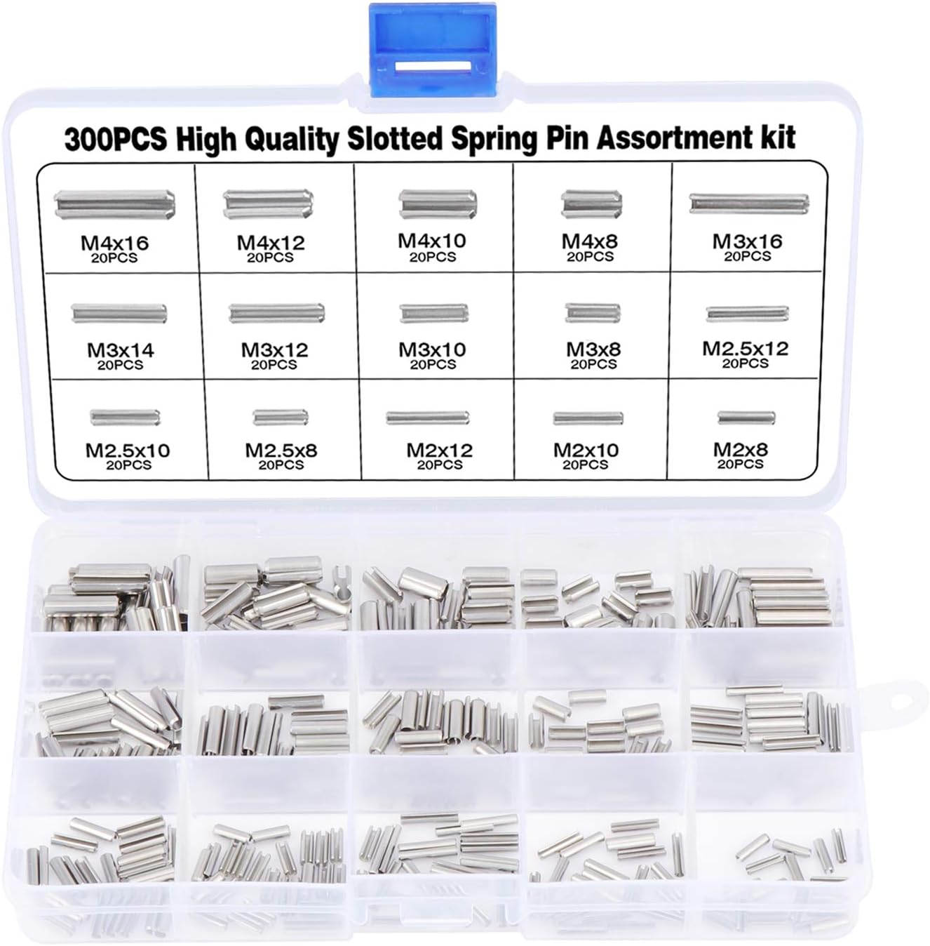 Aussel 304 Stainless Steel Slotted Spring Pins, Split Spring Dowel Pins, Tension Roll Pins Assortment Kit M2 M2.5 M3 M4, 300 Pieces