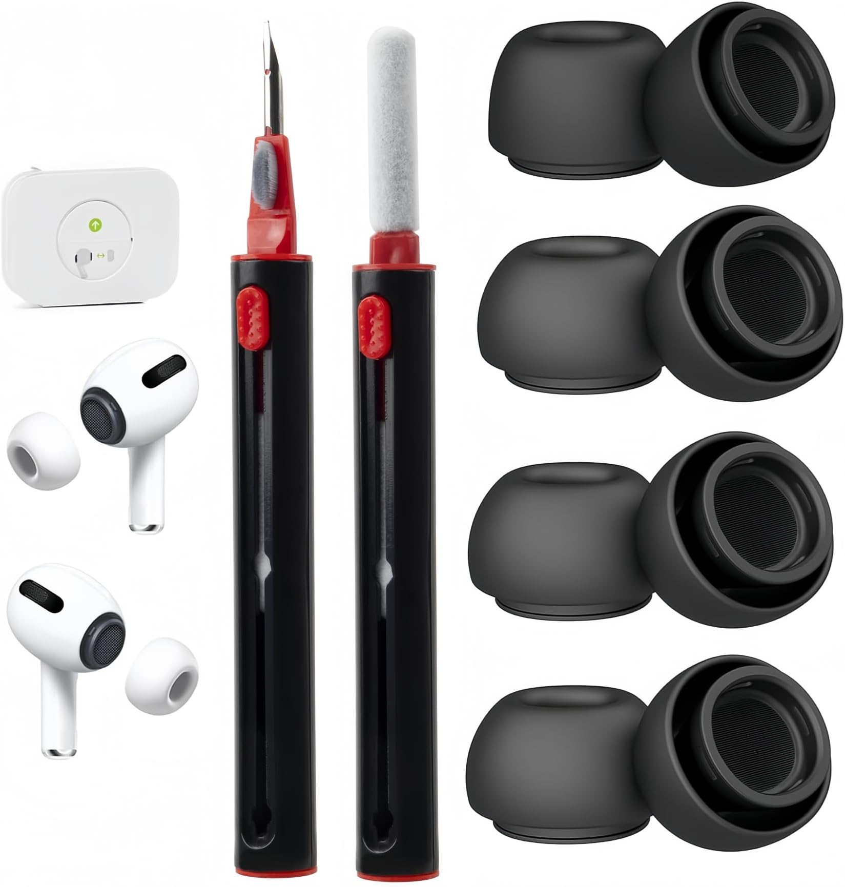 4 Pair Replacement Ear Tips for 2025 AirPods Pro 3 with 2 pieces 3 in1 Cleaning Pen, White Silicone Ear Tips with Portable Storage Box (Black L/S/XS/XXS)