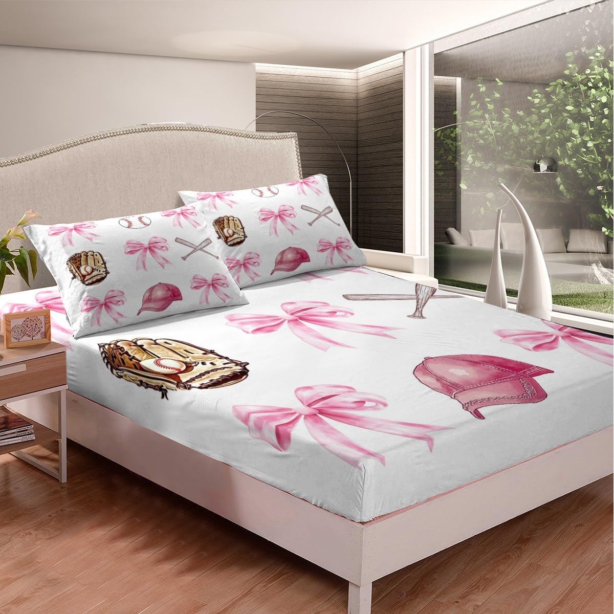 Castle Fairy Baseball Girls Fitted Sheet Set Full Size 4 Pcs,Pink Bow Sport Lover Bed Sheet Set for Bedroom Decor,Cartoon Ball Hat Glove Bedding Set with 1 Flat Sheet 2 Pillowcases