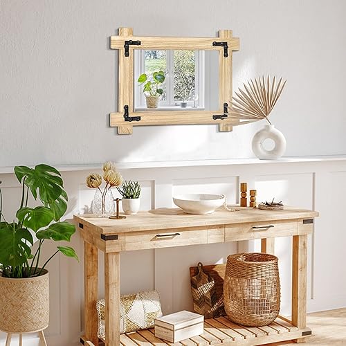 Miniatura 2 de Espejo de pared con marco de madera, espejo rústico rectangular para colgar, espejos decorativos de granja para pared, dormitorio, baño, sala de