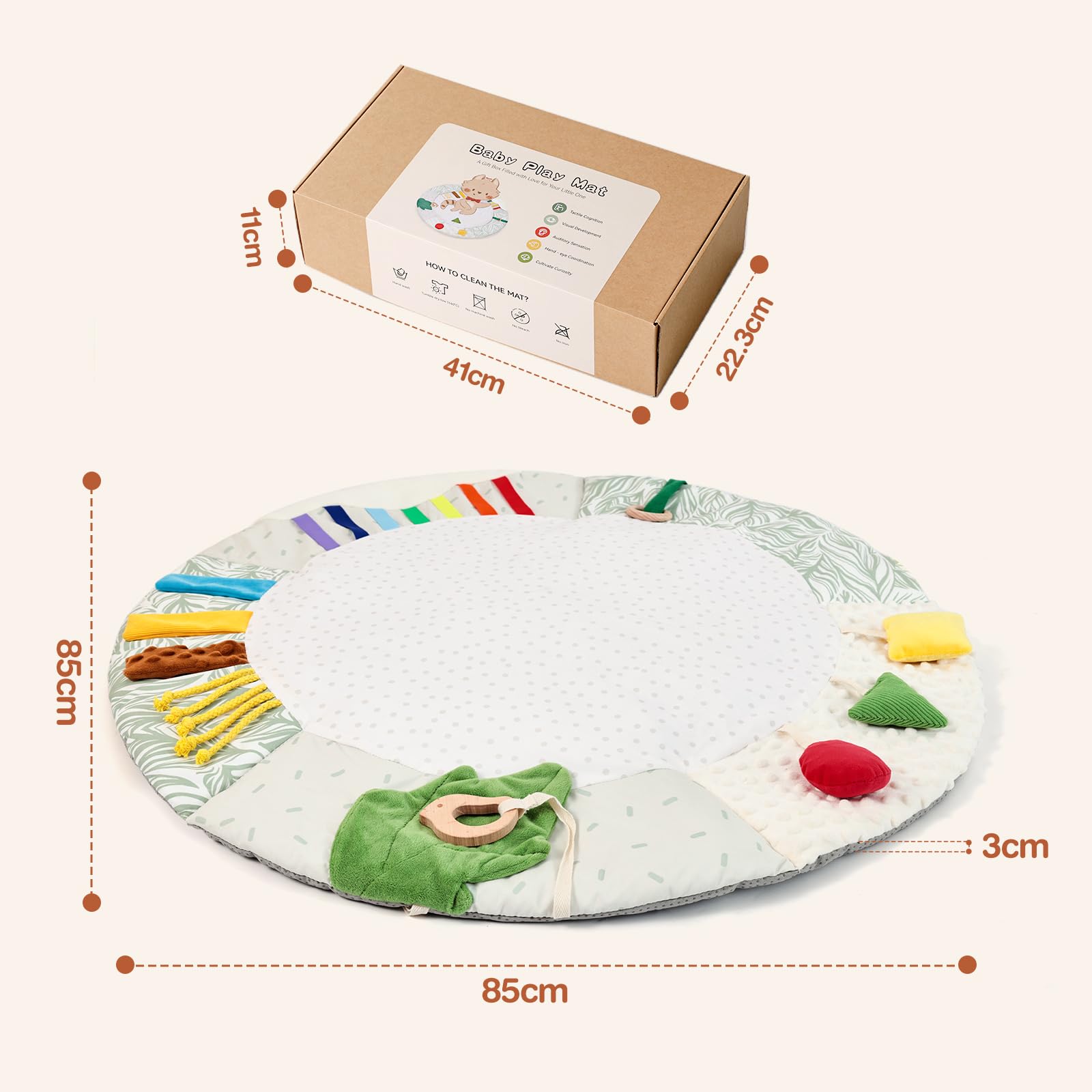 OESSUF Baby Krabbeldecke Rund 85cm – 5 Sinneszonen für Sensorik Motorik | Baby Spielmatte für Spielebogen, Weich Rutschfest | Babydecke für Neugeborene ab 0 Monate Jungen Mädchen | Geschenk zur Geburt