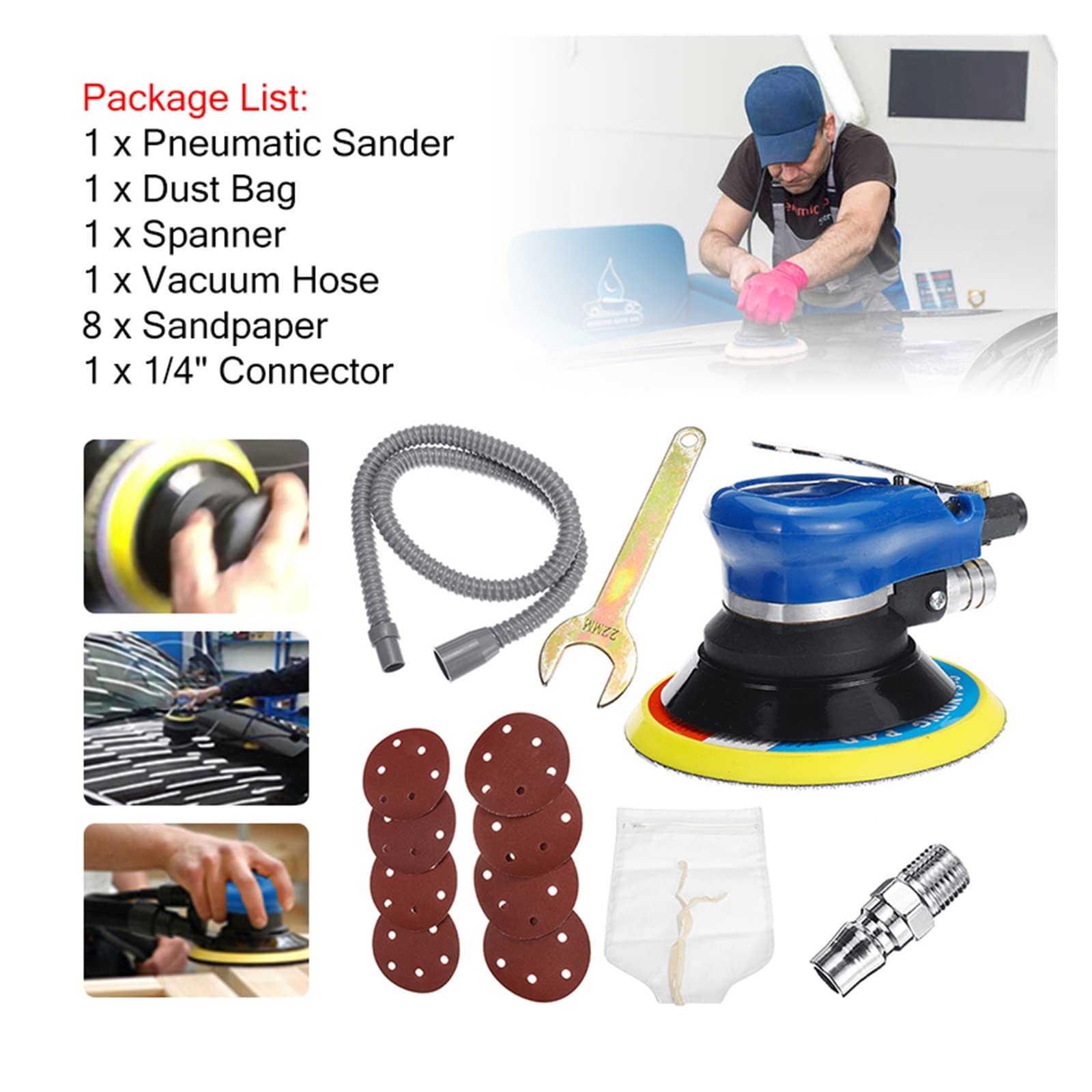 6 Inch Pneumatic Polishing Machine Car Polisher Dual Action Air Sander Waxing Grinding Sandpaper Set For Boat, And