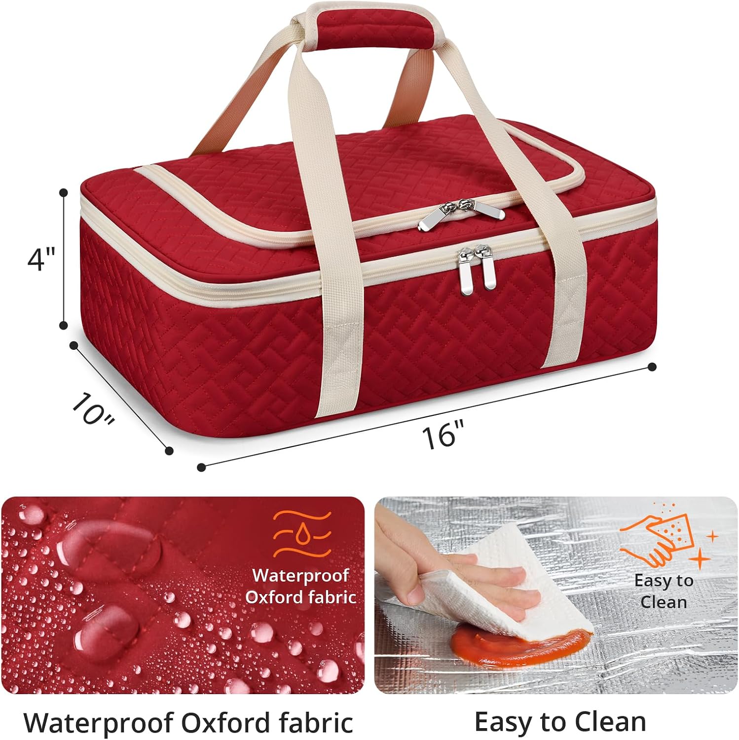 Insulated Casserole Carrier - Portable Casserole Carrier for Hot or Cold Food, Lasagna Holder for Parties,Picnic,Cookouts,Traveling - Fits 9" x 13" Baking Dish (Red)