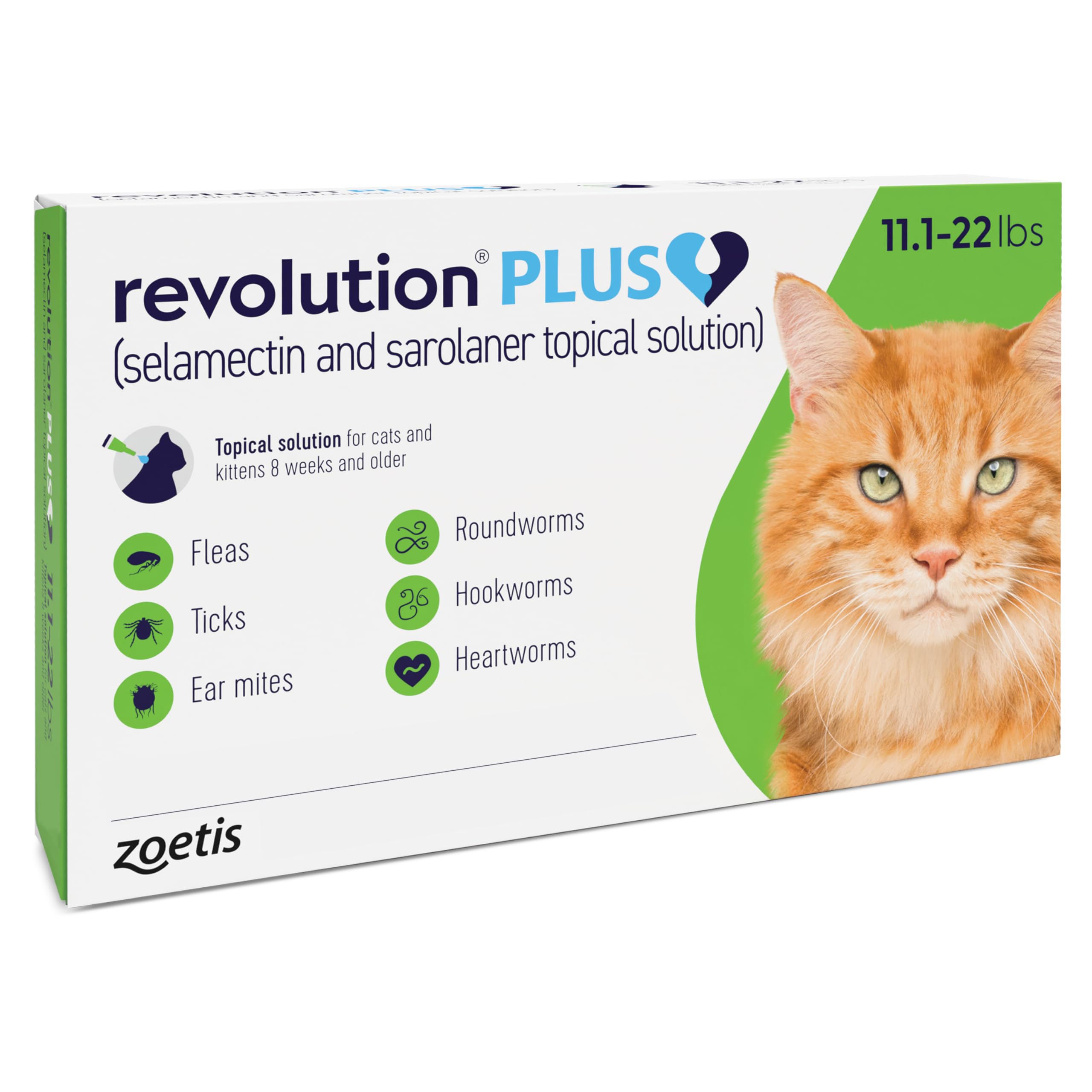Revolution Plus (selamectin and sarolaner Topical Solution) for Cats, 11.1-22 lbs (Green), 12 Tubes