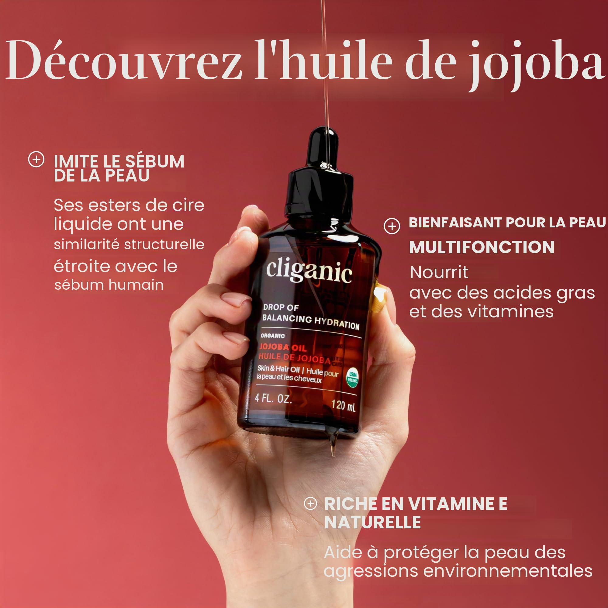 Cliganic Huile de Jojoba bio 100% pur, 480ml - Huile pour cheveux & huile visage naturelle pres-sée à froid | Huile de base – certifiée bio | Garantie Cliganic de 90 jours