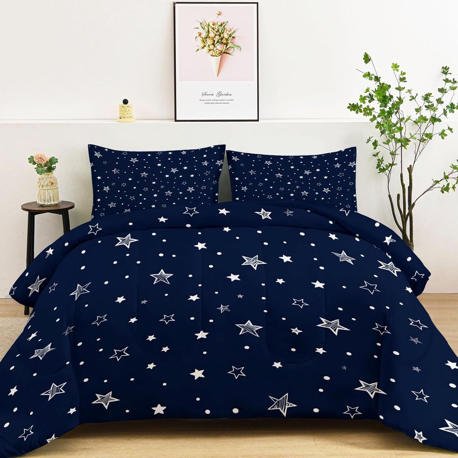 Genérico Edredon Cama 150 Puntos de Estrella Edredón Nordico Adulto sin Funda Reversible Azul Oscuro Estampado Suave Ligero Transpirable Duvet 220x240 cm Incluye 2 Fundas de Almohada 50x75 cm YUa869