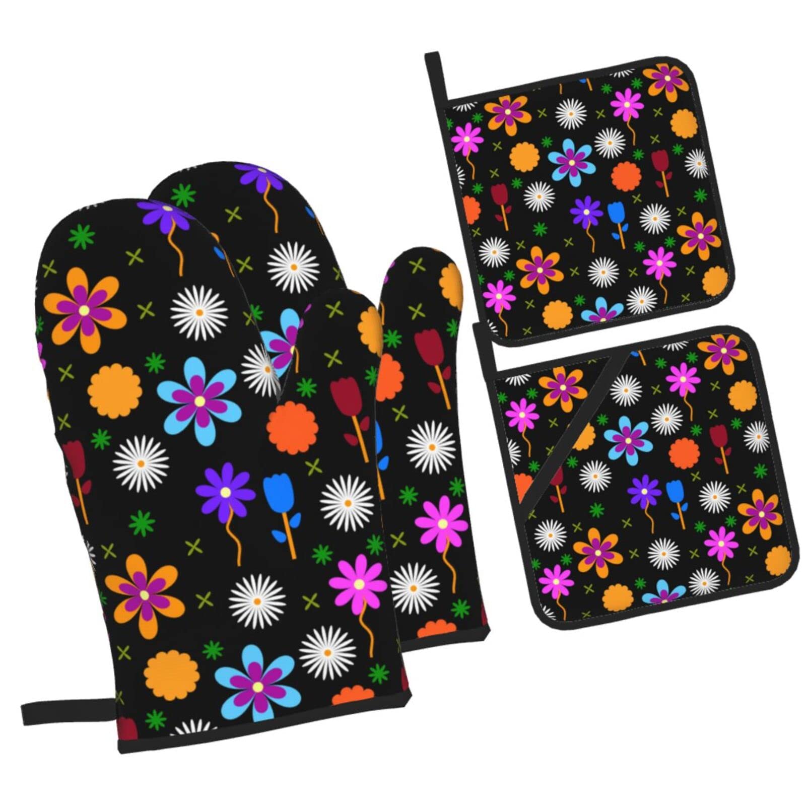 Colorful Flowers Background Oven Mitts and Pot Holders Sets, Christmas Oven Mitt Kitchen Heat Resistant Non-Slip Pot Holders Set for Cooking Baking BBQ