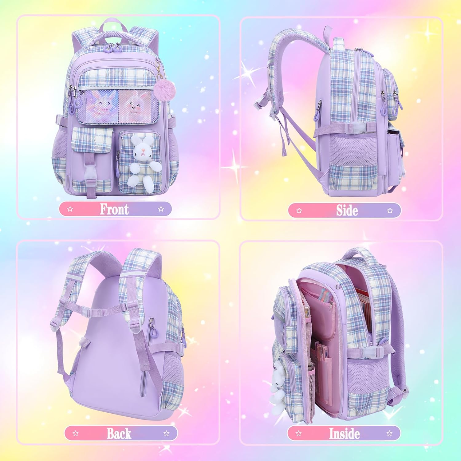 Cute Girls Backpack,Rabbit Kids School Backpack with Pencil Case, Elementary School Bag for Girls 5-10 Year Old (Purple-16.5inch) - Image 5