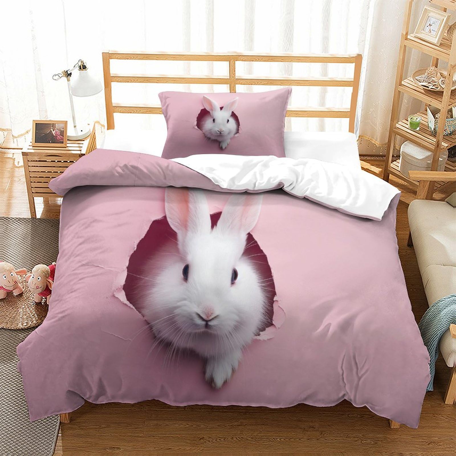 P1S9U7W5Y Playful Rabbit 3D Printed Duvet Cover Set 3 Pieces Microfiber Bedroom Decor Pink Bunny Bedding Set for Teens Adults Home Gift Single（135x200cm）