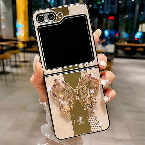 Omio - Funda diseñada para Samsung Galaxy Z Flip 5 con soporte, bonito diseño de mariposa 3D con purpurina brillante, diseño de mariposa 3D, TPU