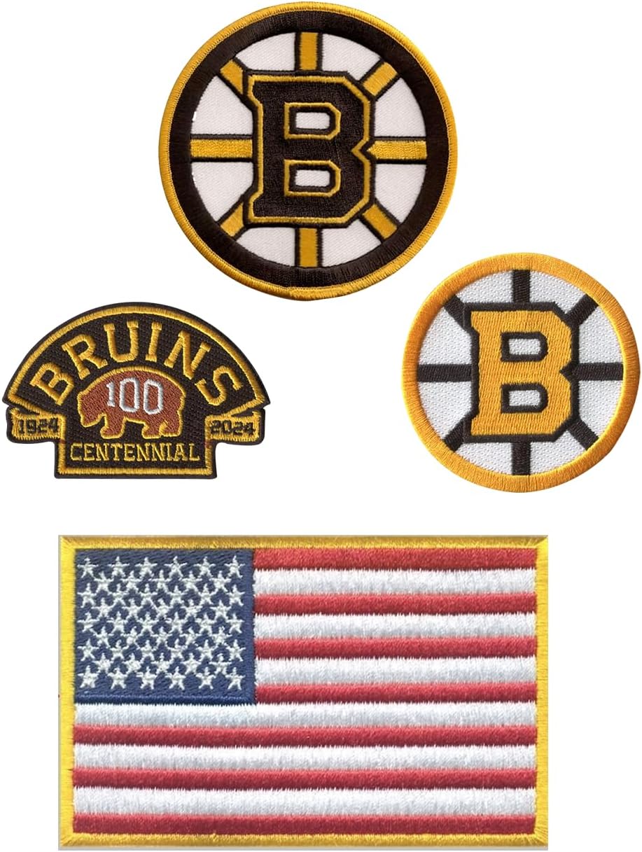 HEDiGEAR Official Licensed Boston Bruins NHL Team Patches (Small) Embroidered Hook & Loop Patch Set with USA Flag – 4 Pack