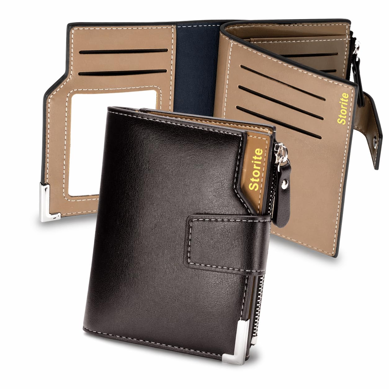 Storite PU Leather Wallet for Men | 13 Slots Bifold Purse | Pockets with ID Window, Multiple Card Slots, Zipper Pocket for Coins | Slim Compact for Daily Use Travel Office and Gift | Dark Brown