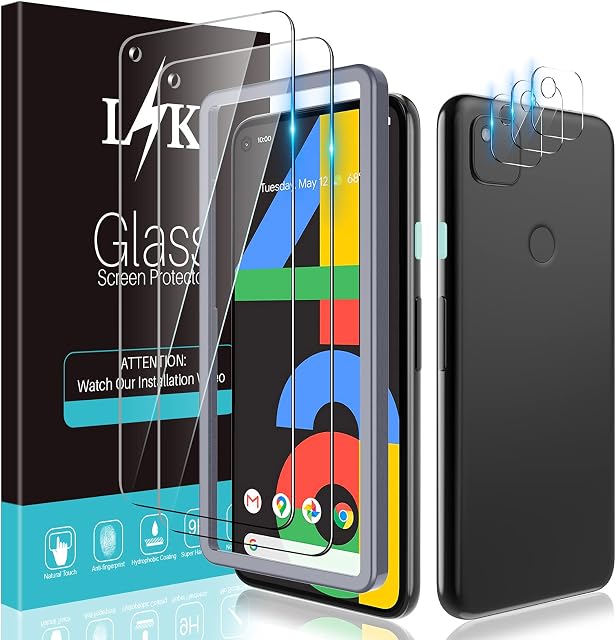 [2+3 Pack] LϟK Screen Protector for Google Pixel 4a 4G 5.8 inch with 2 Pack Tempered Glass and 3 Pack Camera Lens Protector - 9H Hardness Bubble Free Easy Installation Screen Protective Film