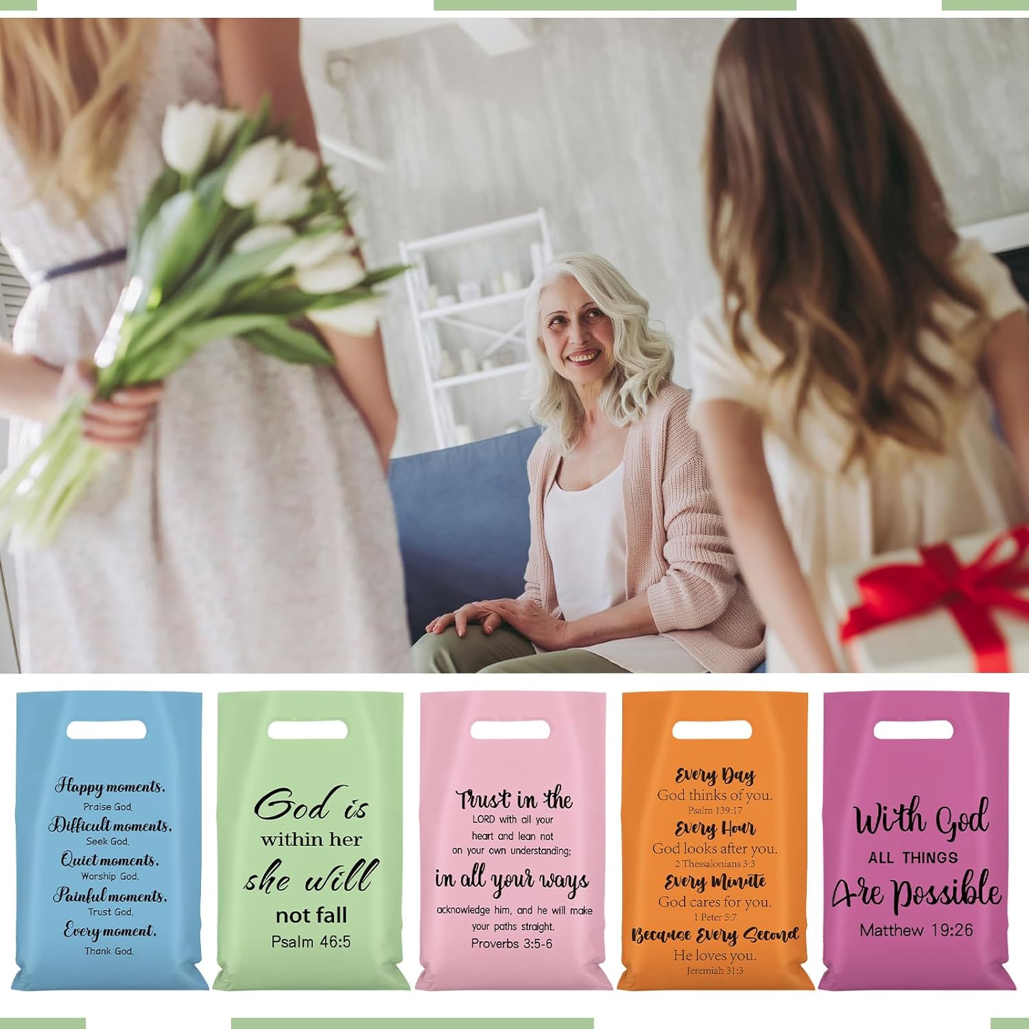 Yinder 200 Pcs Christian Gift Bags Bulk Plastic Goody with Handles Bible Verse Church Bags Candy Religious Gift for Mother's Day Church Party Supplies Party Favor Decoration - Image 7