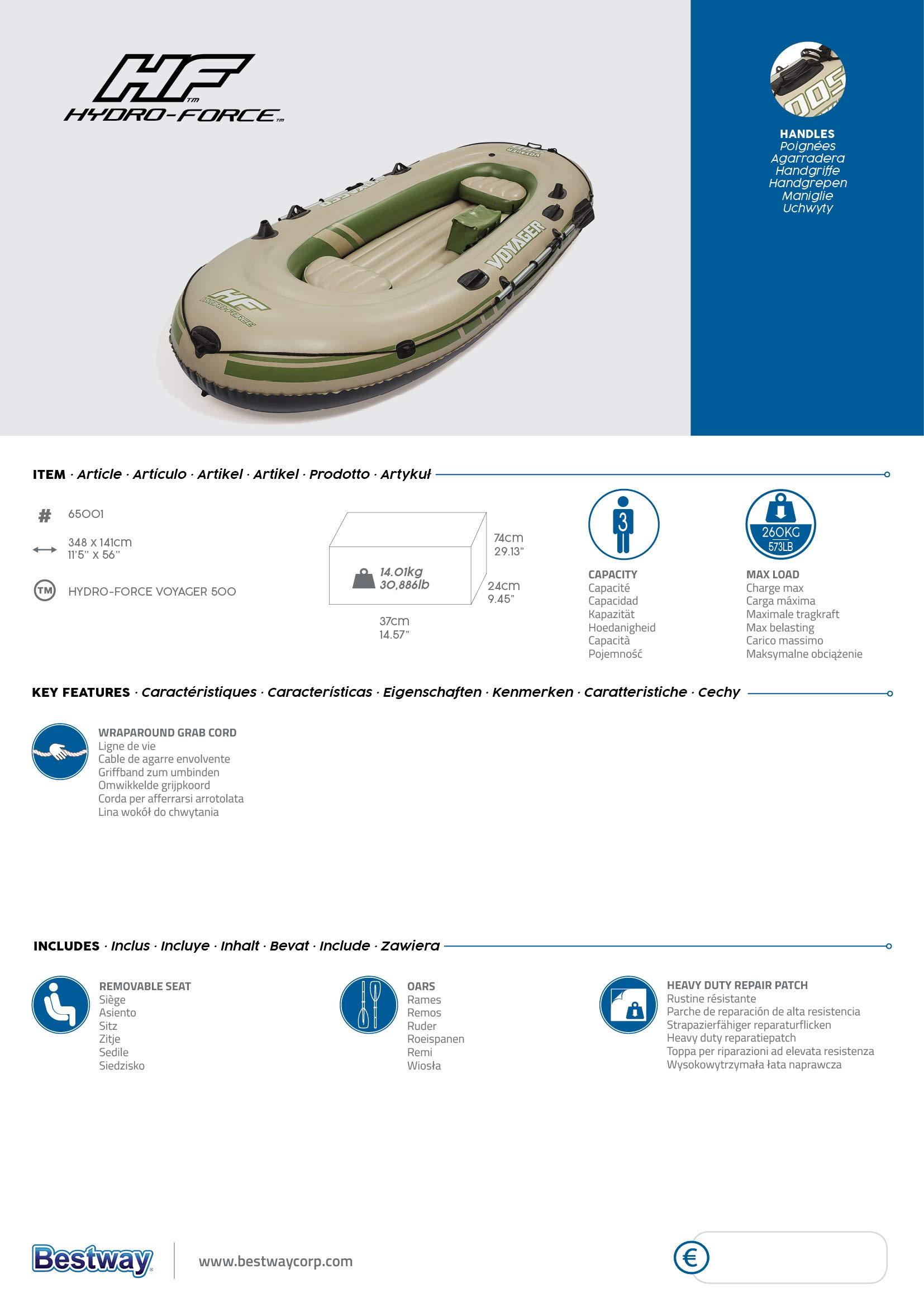 Bestway Hydro-Force Schlauchboot-Set Voyager 500, für 3 Personen, 348 x 141 x 48 cm, Mehrfarbig