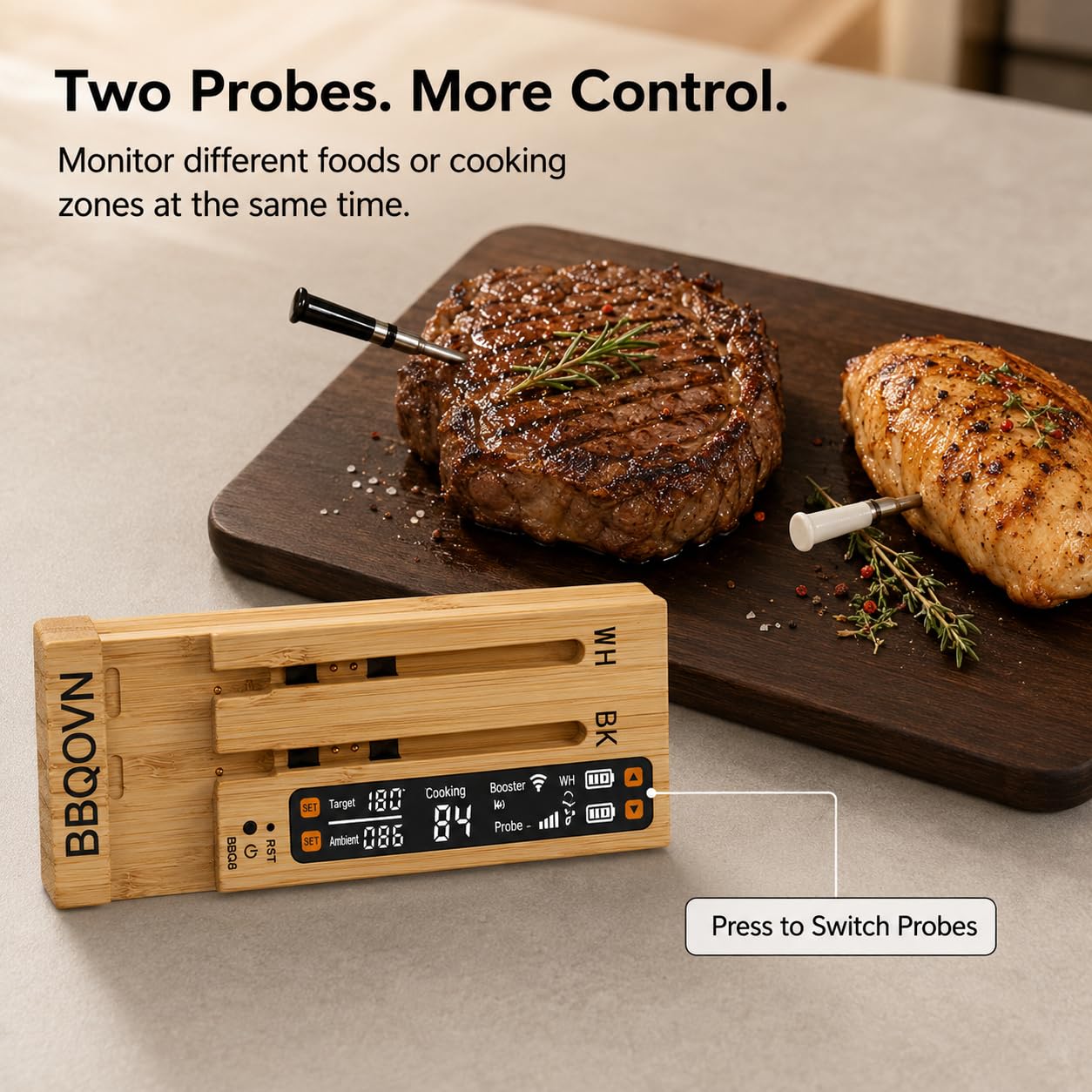 BBQOVN WiFi Sub-1G Wireless Fleischthermometer Unbegrenzte Reichweite 7 NIST Zertifizierte Sensoren mit Umgebungstemperatur 2 Temperaturüberwachungsmöglichkeiten Digital Smart Base und App für BBQ